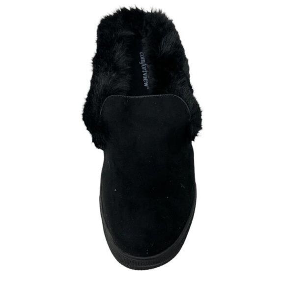Comfortview Black Fuzzy Faux Fur Slip-on House Shoes Women's Size 10.5 NEW with - Picture 10 of 12